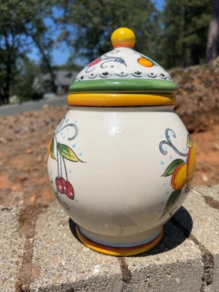 Ceramic cannister with lid and fruit hand painted by Fruitteria