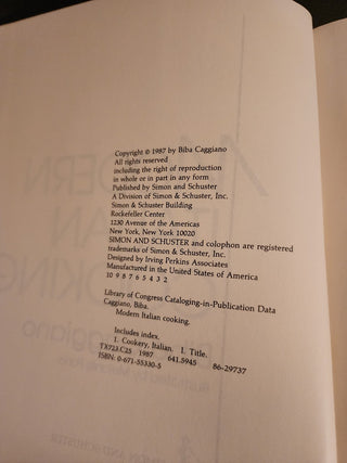 Cookbook- Biba Caggiano Modern Italian Cooking 1987 RSV
