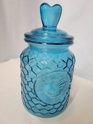 Blue Honeycomb Glass Canister w/Rooster and Lid RCD|82559