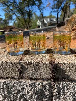 SET OF 5 Mid Century Neiman Marcus Barware Green & Gold Leaf Cocktail Rocks Glasses