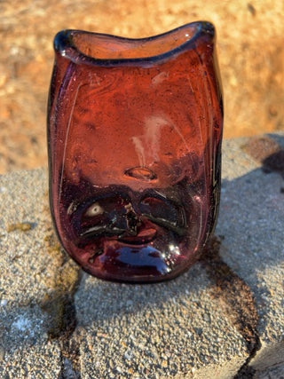 JP 5.75” vintage mid-century modern hand-blown amethyst purple art glass pinched double-spill vase