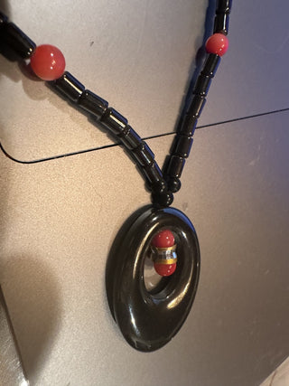 Vintage hermatite with red Jasper necklace. Pendant is oval shaped #62 VV MTS|67522
