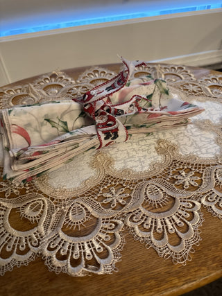 Vintage White Christmas Cloth Napkins with Red Ribbon and Green Leaf set of 4 -RCD|122372