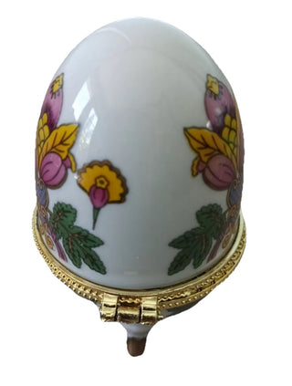 #62 VV Vintage 4" Porcelain egg floral Hinged footed gold Trim Trinket box Faberge Style MTS|59221