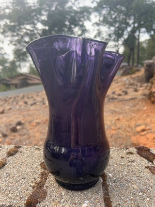 8.5” Wavy Amethyst Art Glass Hand Blown Handkerchief Vase