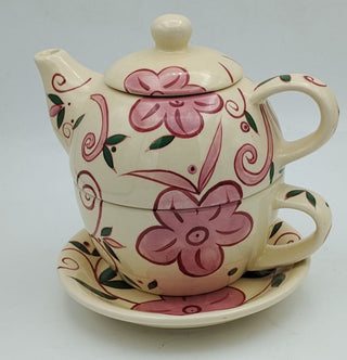 #62 VV Barnes and Noble 4 piece cafe tea for one Stoneware nesting teapot & cup MTS