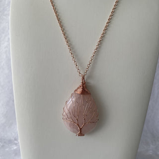 chain necklace w/ rose gold wire wrapped rose quartz pendant RSV