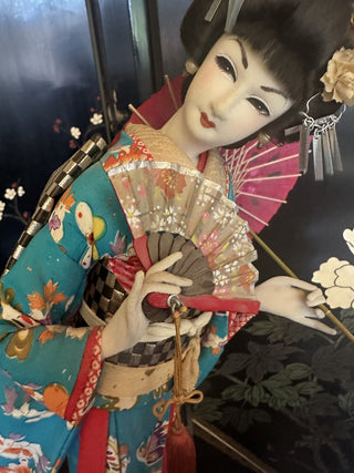 Japanese 17.5 Tall Geisha Doll with Fan & Parisol with Glass Case #62 VV MTS