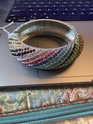 Multicolored Rhinestone silver tone hinged bangle bracelet Vintage #62 VV MTS