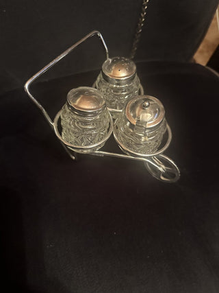 Vintage Glass Salt, Pepper, & Sugar holder wheel barrel #63 VV MTS