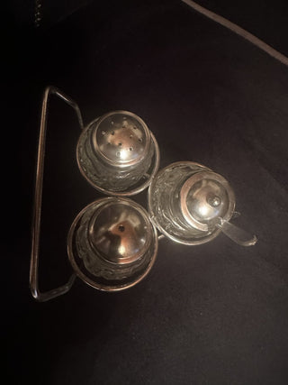 Vintage Glass Salt, Pepper, & Sugar holder wheel barrel #63 VV MTS