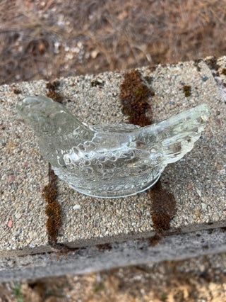 vintage collectible is a clear glass "Chicken on the Nest" candy container