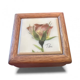 Wooden Wood Pink Rose Ceramic Tile 2.5" X 2.5" X 2" Felt Lined Trinket Box #62 VV MTS|133731