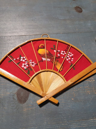MTS Bamboo fan red with bird and flowers 13×9|120899