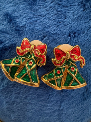 Green Enamel Christmas Bells w Red Bow Goldtone Holiday Clip Earrings –|140220