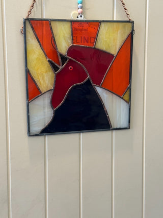 9"x 9" stained glass w/rooster head, red, black, yellow|30357