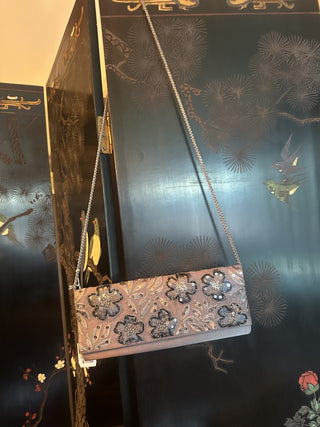 Silver satin beaded floral clutch shoulder bag purse # 62 VV MTS|103175