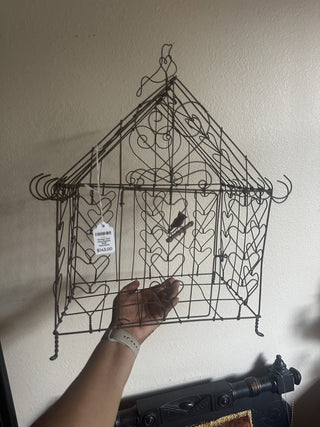 Vintage Gold Wire Pagoda Style Decorative Birdcage with hand carved bird #47 VV MTS