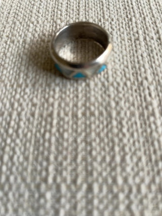 Vintage Inlay Turquoise And Mother Of Pearl Silver Band Ring  Size 7