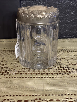 Vintage Heisey Glass Groove & Slash Metal Lidded Canister / small chip on bottom-RCD|103898