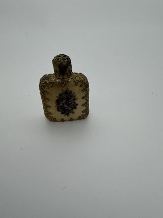 Vintage Austrian Brass Filigree Perfume Bottle with a miniature Floral Needlepoint #62 VV MTS
