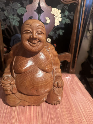 Vintage Large 11" Hand Carved Wooden Laughing Buddha #47 VV MTS|97294