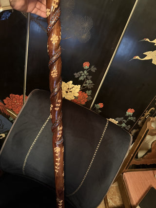 Vintage Jamaican Wooden Cane Snake fangs Walking Stick Bunny carved 45" #62 VV MTS