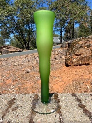 vintage art glass vase featuring a frosted green gradient body and a clear glass foot