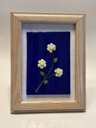 Fused Glass Daisy's on Blue Background in 5"x7" Natural Wood Frame - AnoGlass RSV|58527