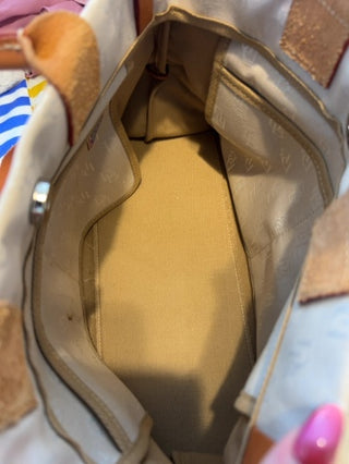 Vintage Y2K Dooney & Bourke logo monogram tote crossbody satchel bag in beige canvas brown leather trim