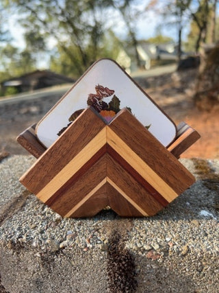 JP wooden coaster 6 floral coasters holder featuring a geometric chevron