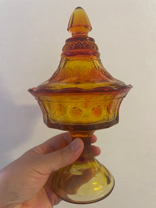 Indiana amberina pedestal lidded compote