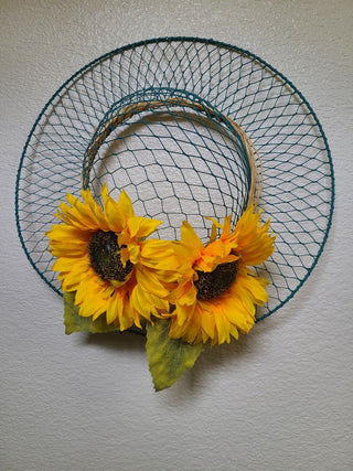 Decorative Blue Wire Wall Hat w/Silk Sunflowers & Raffia RCD|74729