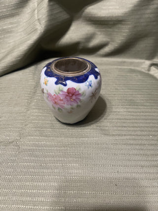 Small hand, painted vase, pink flowers, cobalt trim rsv