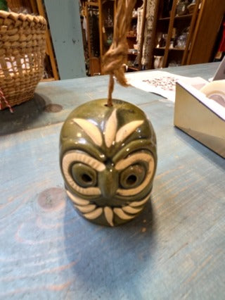 Vintage Owl Bell Ceramic Japan Green with White Accents 3”x3”