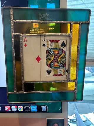 Stained Glass Square w/playing cards inside middle of glass. 6"w x 7"l