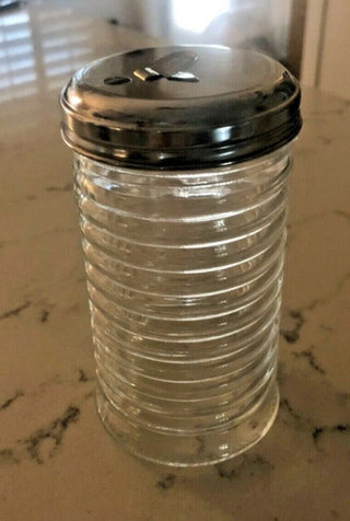 Vintage Sugar Shaker Glass Diner cafe style metal top beehive horizontal ribs #63 VV MTS