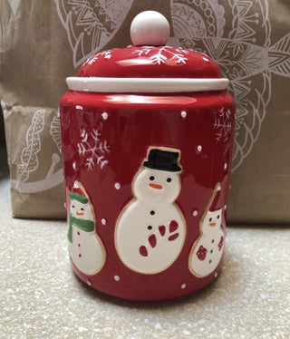 Vintage Hallmark Ceramic Christmas Holiday Red Cookie Jar Snowman Flakes #63 VV MTS|125571