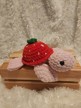 Strawberry Sea Turtle: Crocheted red, pink, white, green