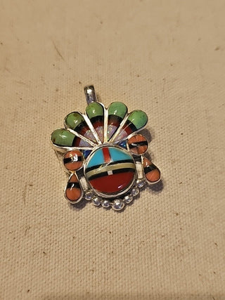 Unsigned sterling Zuni style multi stone headdress pendant