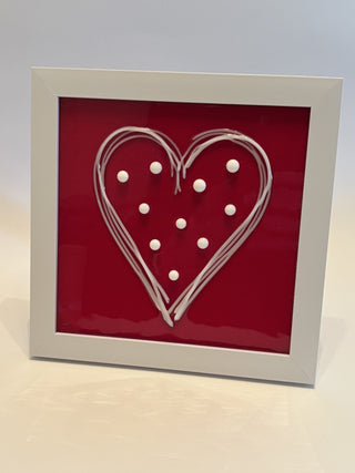Fused Glass White Polka Dot Heart on 6" Red Glass Background in White Frame - AnoGlass RSV|49621