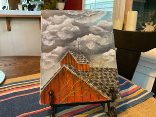 Orig painting on canvas Red Barn in Storm 8x10 MTS