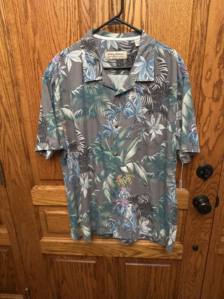 Vintage Tommy Bahama Grey Shirt with Blue and Green Leafs-SZ XXL-RCD|121369
