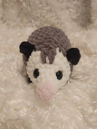 Opossum: Crocheted gray, black, white, pink. 8 inches.