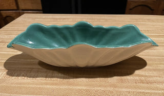 13" Vtg Pottery Oblong Bowl, Green/ Cream--SP RCD
