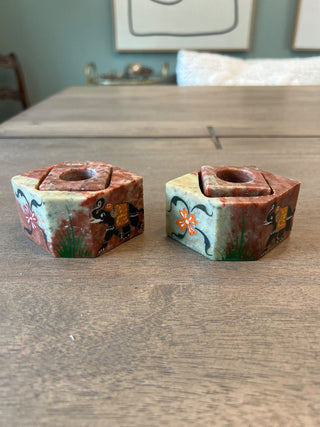 Soapstone elephant inlay candle holder