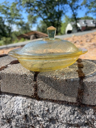 Vintage Hazel Atlas Florentine Yellow Depression Glass Covered Bowl