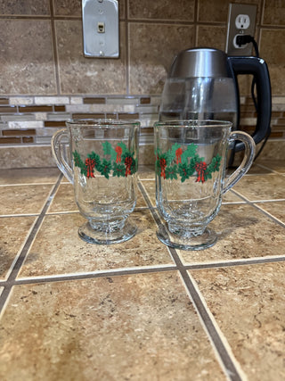 Vintage Libbey Christmas Holly Garland Irish Coffee 10oz Pedestal Mugs RCD|137097