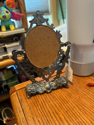 Vtg. Ornate Metal Stand-up Mirror, "Italy" on back, 7.5" RCD|75944