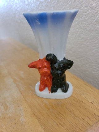 Ca. 1940s, Two Scottie Dogs on White Bud Vase, Japan, RCD
